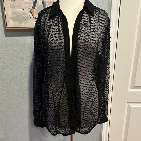 PrettyLittleThing Tops - PrettyLittleThing Sz 6 Oversized Black Sequined Button Down Shirt